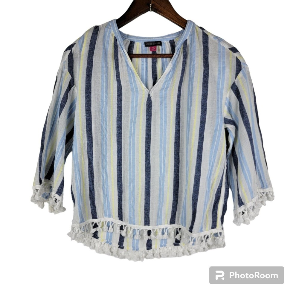 Vince Camuto Tassel Trim Peasant Top Stripes V‎ Neck Size XS